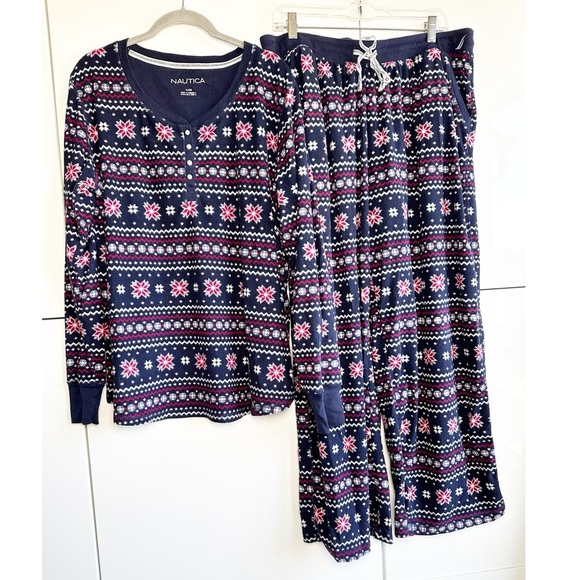 Nautica 2 Piece Winter Pajama Sleepwear Navy Red Snowflake Fair Isle Size XL - Picture 1 of 9